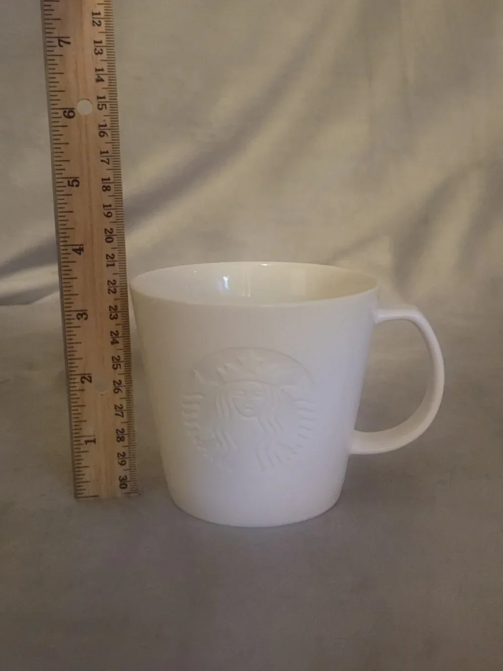 STARBUCKS 2015 Mug White Embossed Logo Siren Collectible Cup 12 oz Minimalist